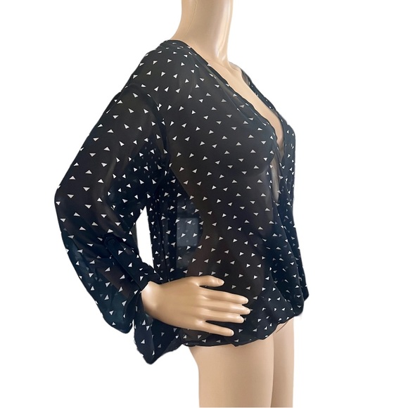 Decree Faux Wrap Roll Up Tab Sleeve Sheer Blouse - Picture 2 of 3